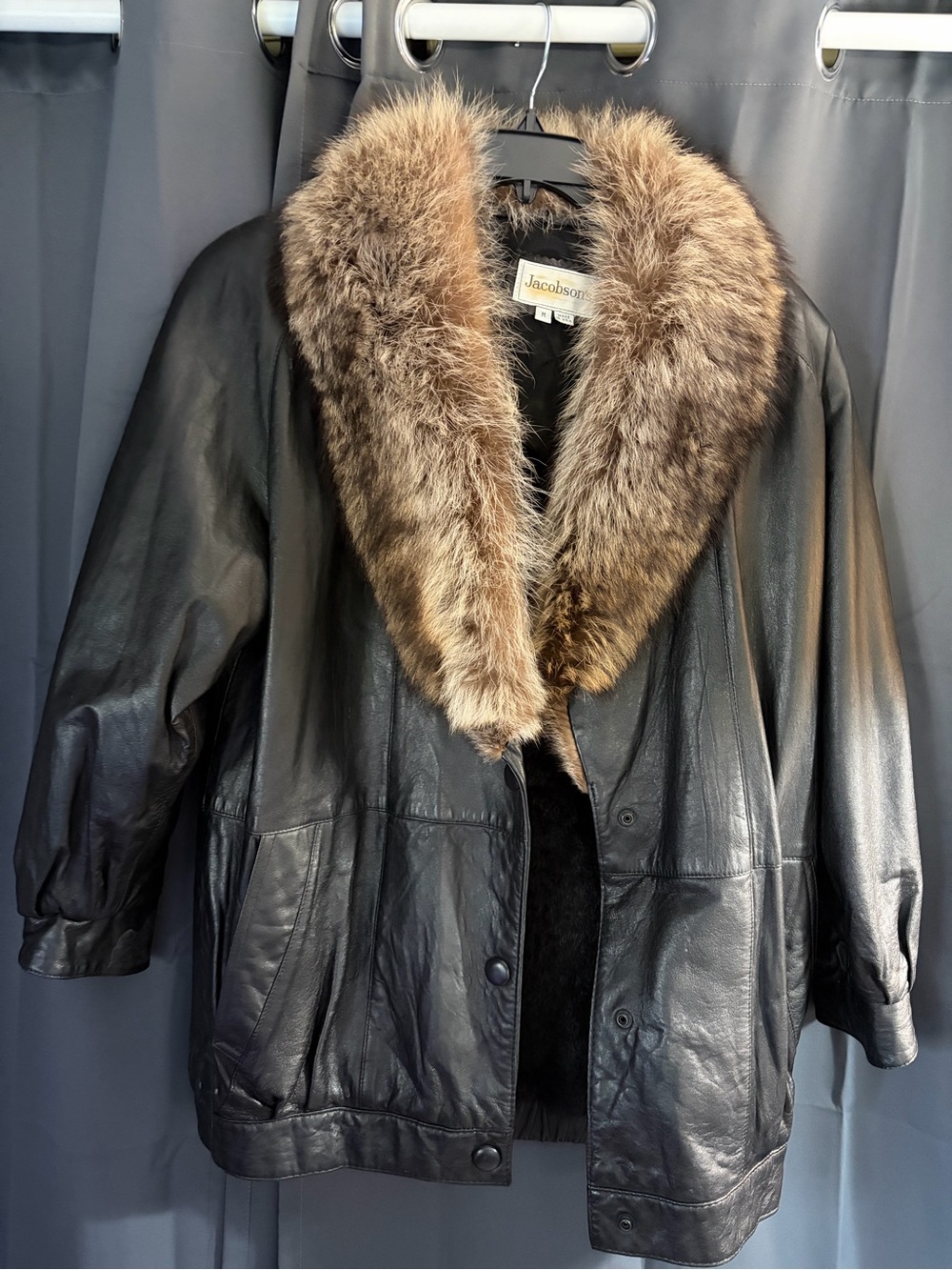 Jacobsont Black Leather Jacket with Brown Fur Collar